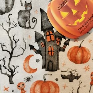 Haunted House Kitchen Towels with Black Cats, Pumpkins, Bats and Crescent Moons